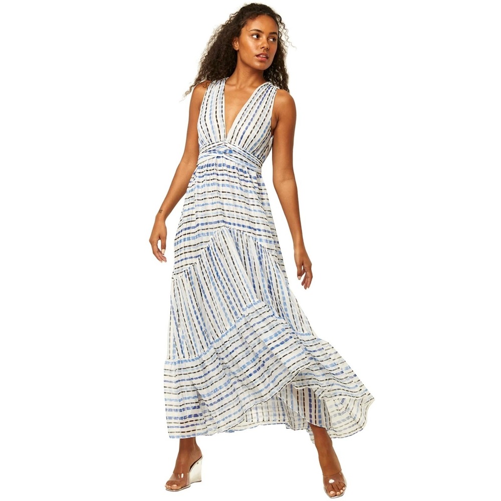 MISA Los Angeles Dominika Blue Sleeveless Plunge Maxi‎ Dress in Scorpios Stripe